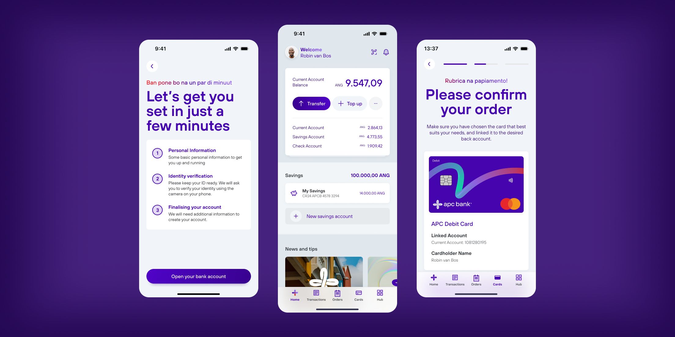 Three APC Bank app screens: profile settings with display name and photo, card settings showing a debit Mastercard above actions to freeze, replace, report lost, set a limit and change PIN, and the home screen with a total balance in Antillean guilders split across current, savings and check accounts